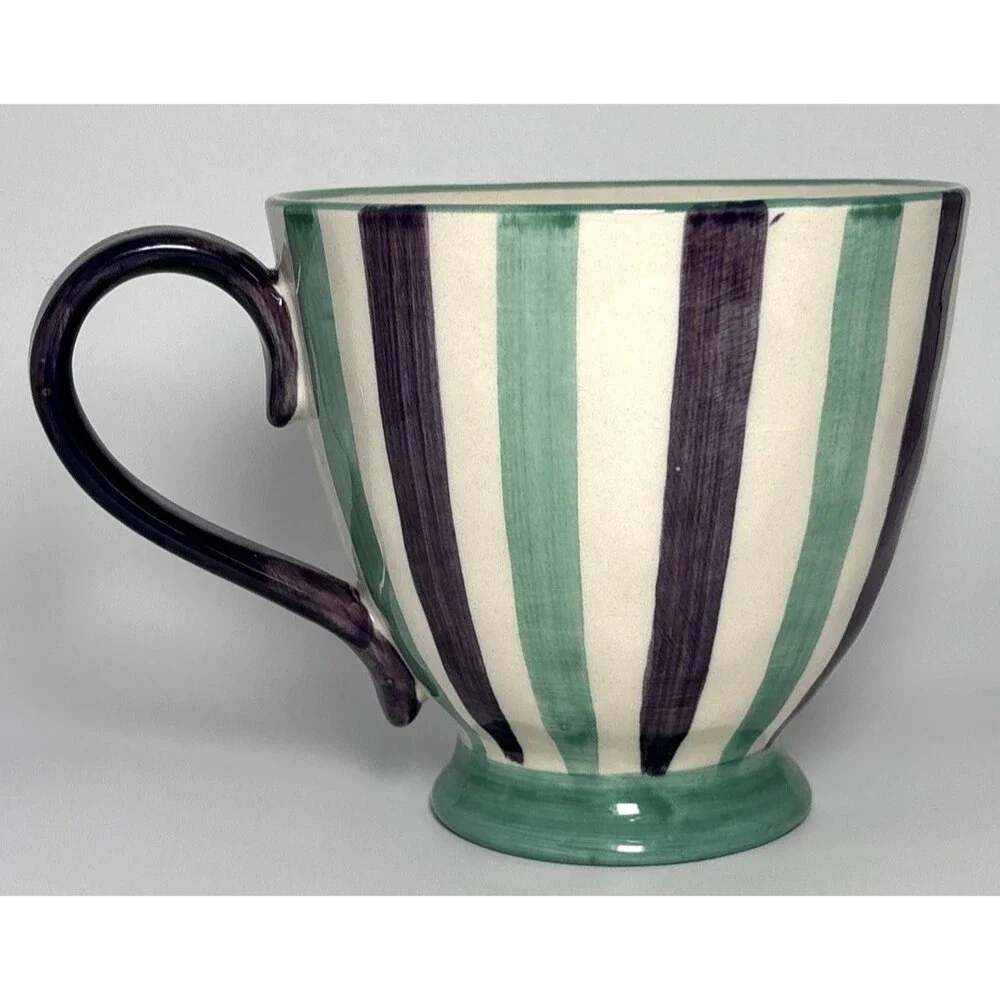 Pier 1 Coffee Mug Green & Purple Striped Hand Painted Stoneware Footed 16 oz GUC